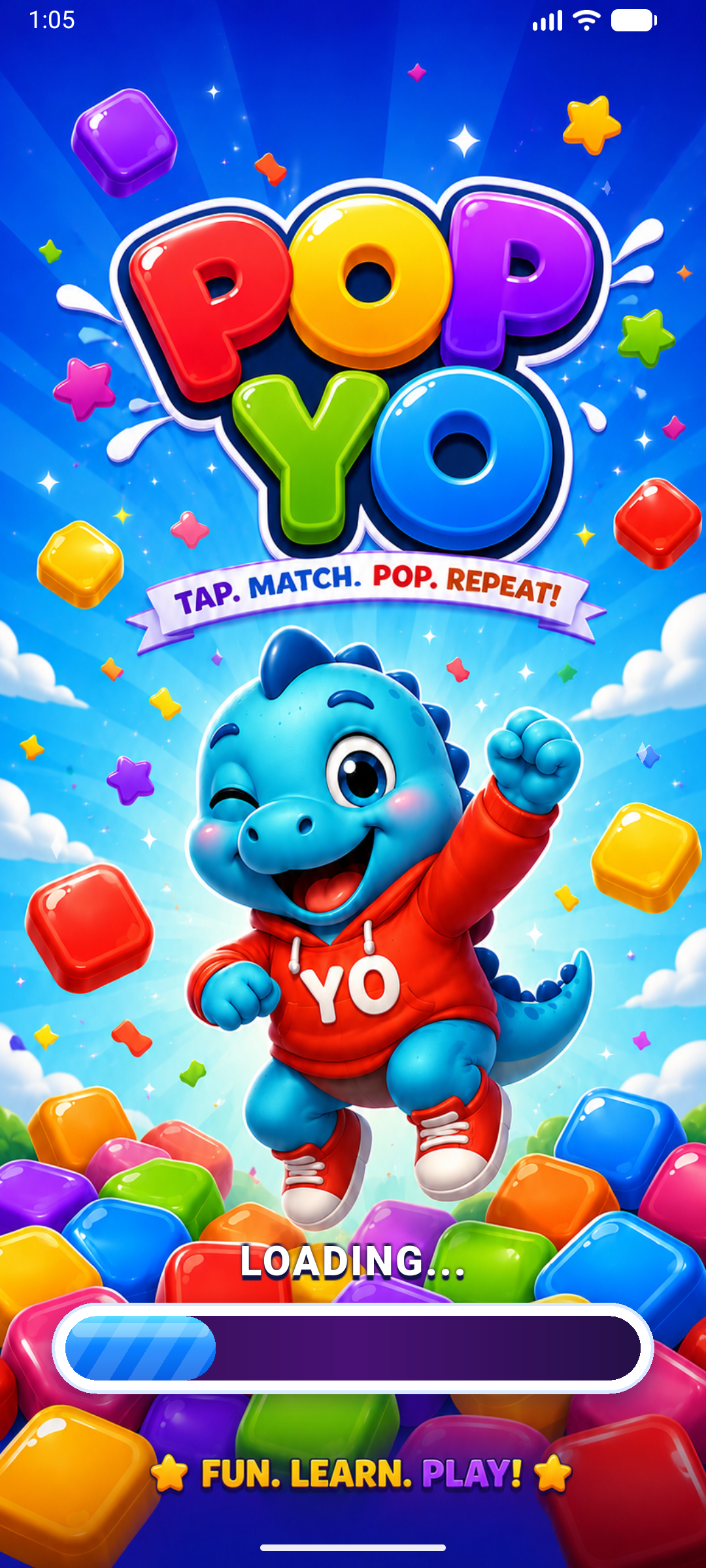 PopYo loading screen with the YO dino mascot